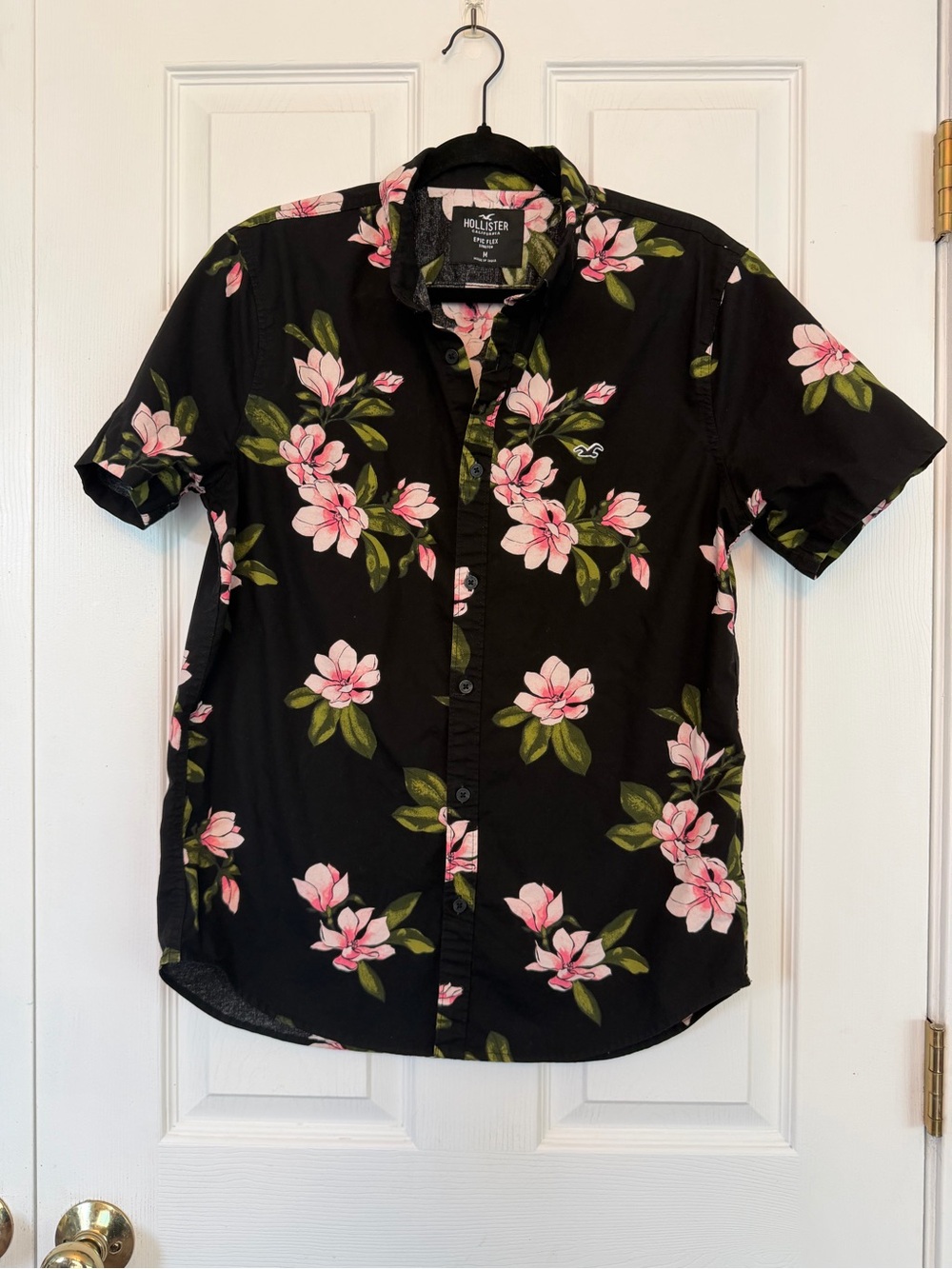 Hollister Black Short-Sleeve Button-Down with Pink Floral Print